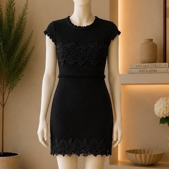 Zara Woman Dresses & Skirts - Zara Woman Dress Womens XL Black Tweed Lace Applique Frayed Trim Mini LBD
